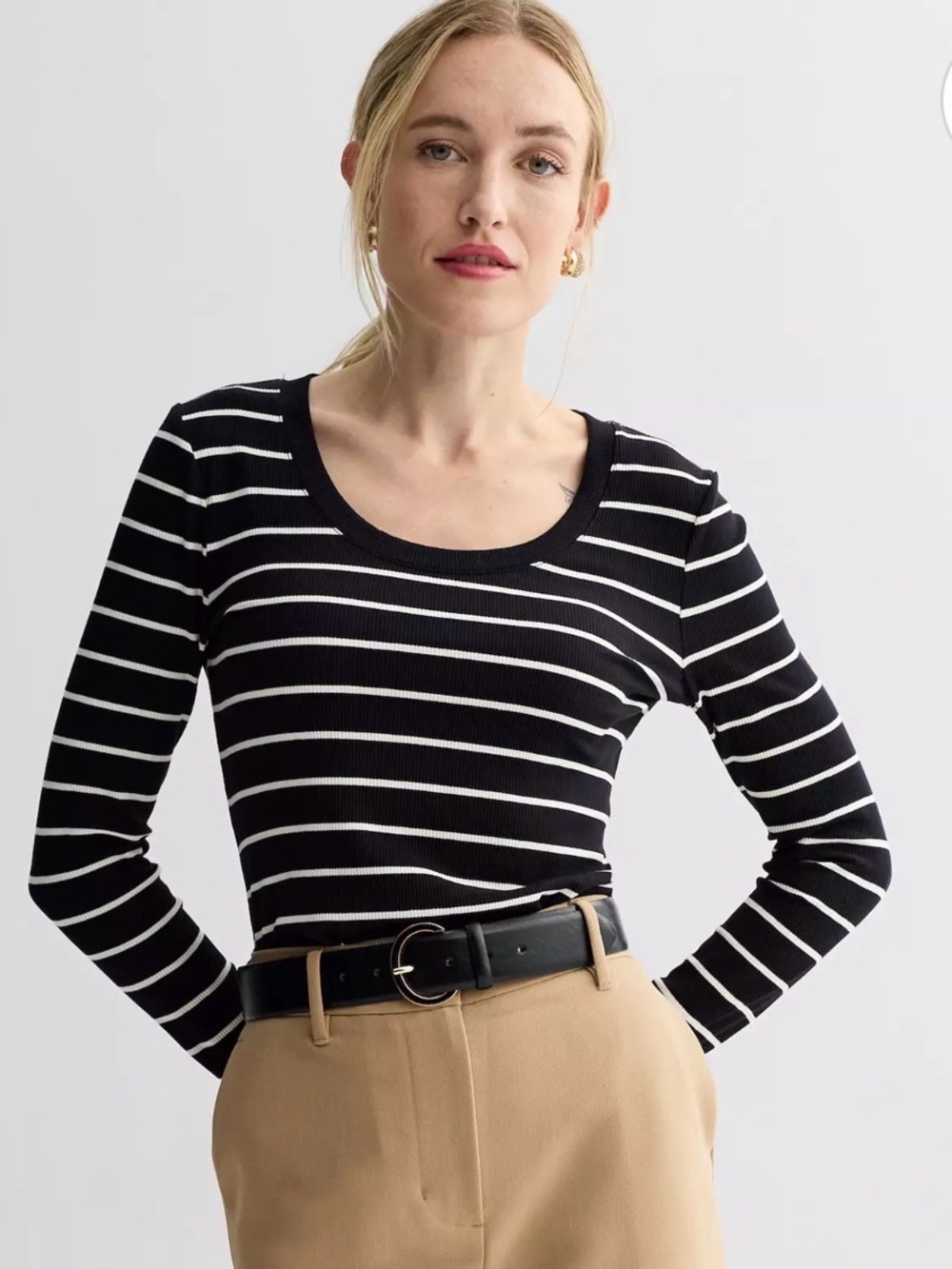 WHBM | Black & White Striped Scoop-Neck Long Sleeve Top